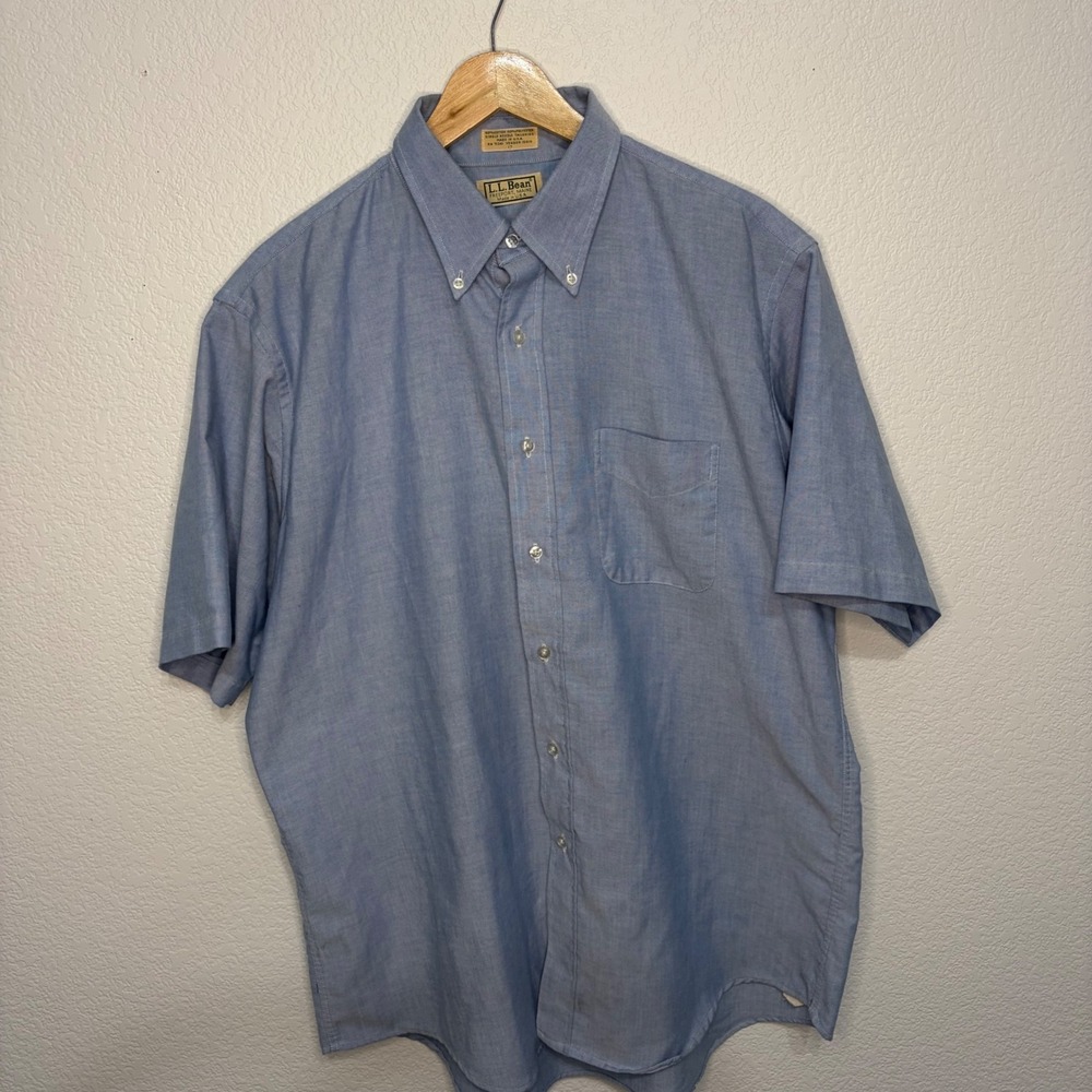 Vintage LL Bean Mens Blue Oxford Short Sleeve Button Down Shirt Made in USA 17 - Picture 3 of 6